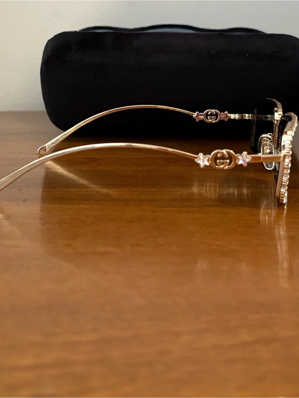 Gucci GG1568S Gold Rimless Embellished Square Sunglasses Gray Tinted UV400. 52mm